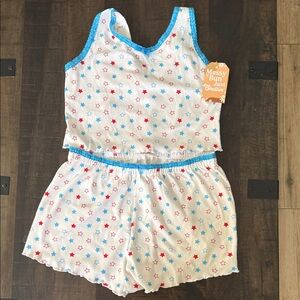 Messy Bun Just Chillin' Star Print Pajama Romper - White with Red & Blue Stars